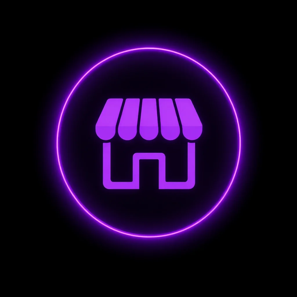 Neon purple shop icon inside a glowing circle on a black