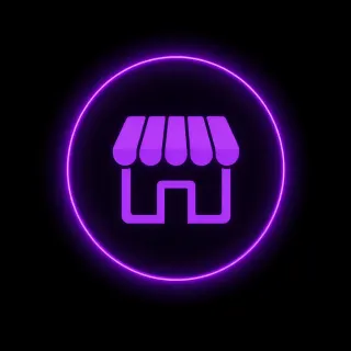 Neon purple shop icon inside a glowing circle on a black