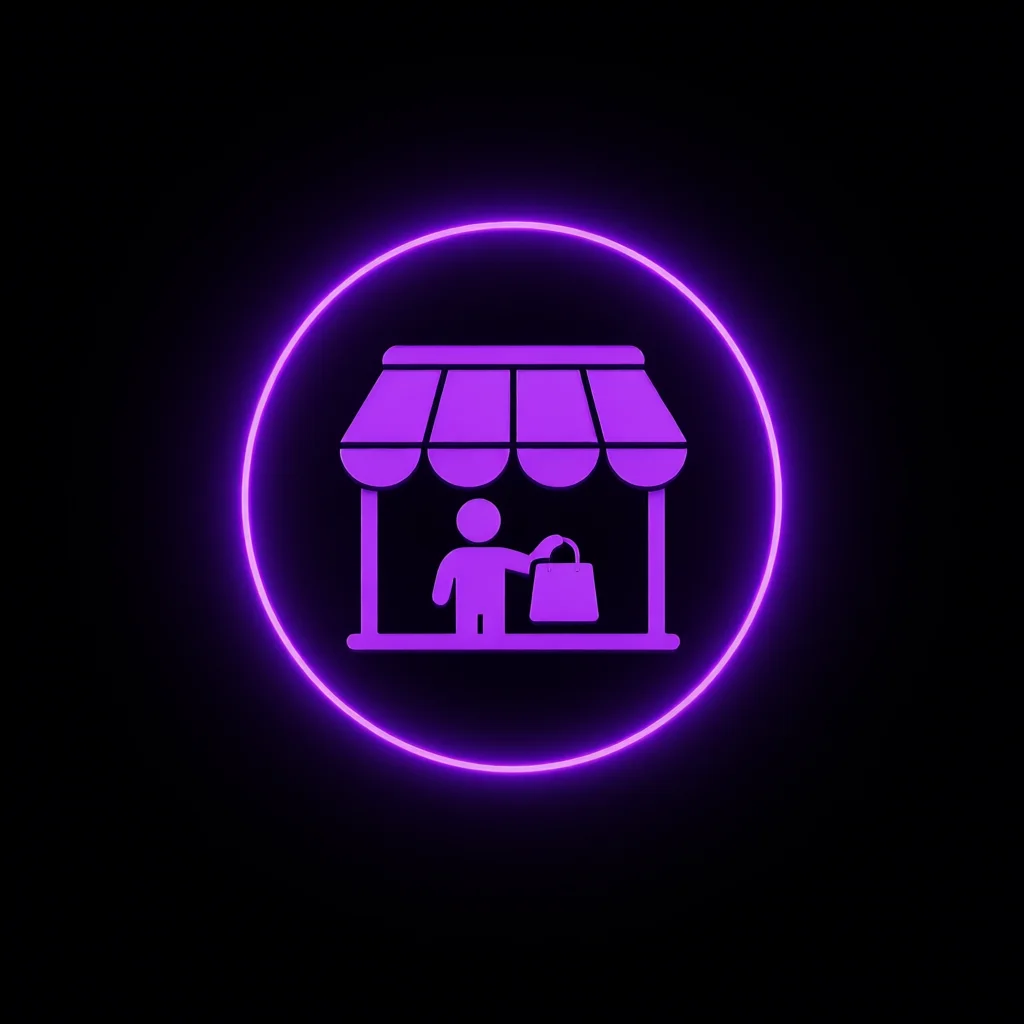 Neon purple shop icon with a glowing circle border on a