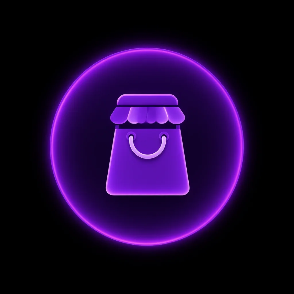 Glowing purple shopping bag icon inside a neon circle on
