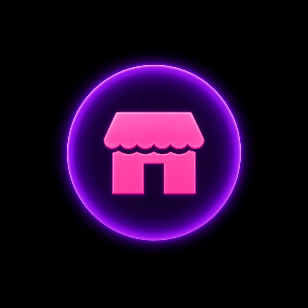 Glowing pink storefront icon inside a neon purple circle on