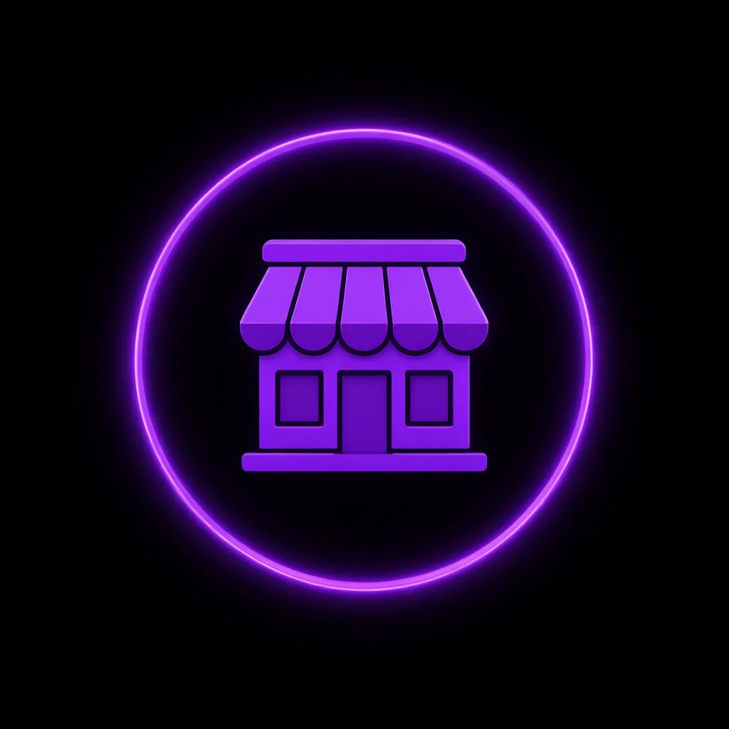 Neon purple shop icon glowing inside a circle on a black