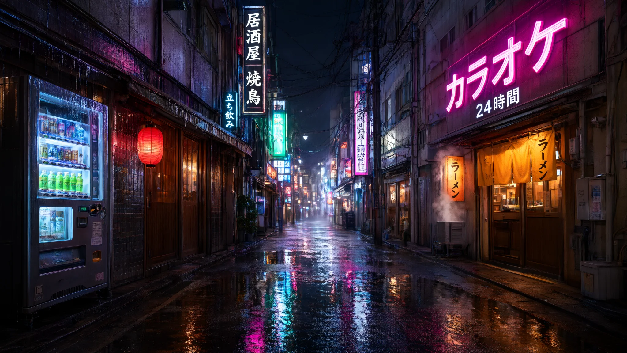 Wet alley reflecting neon karaoke signs and vending machine