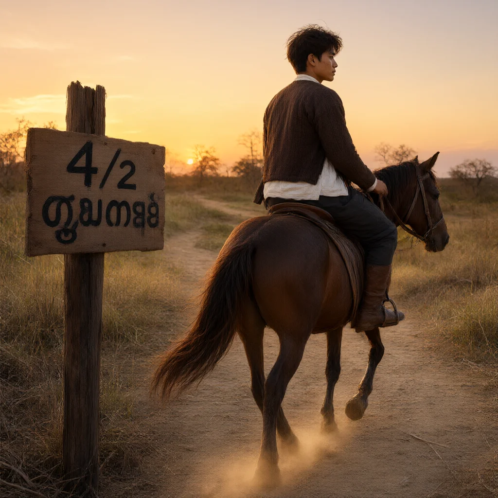 Man on horseback riding past wooden sign with 4/2 at sunset