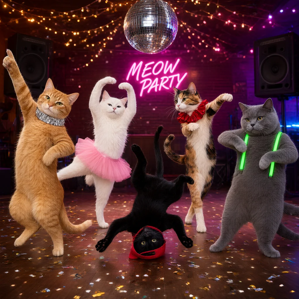 Five cats dancing at a party under a disco ball with a neon