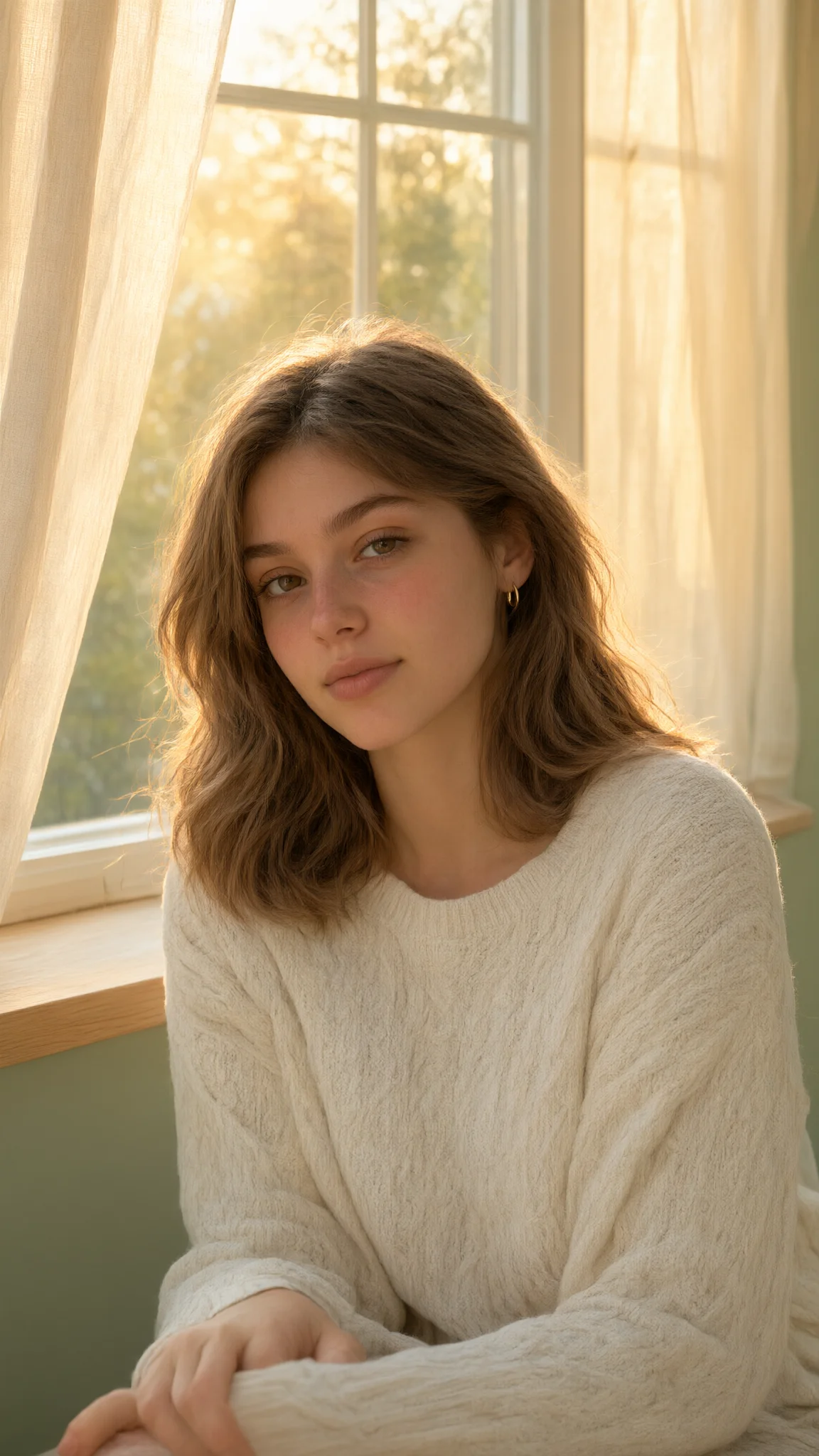 Woman in white sweater by window with warm rim lighting.