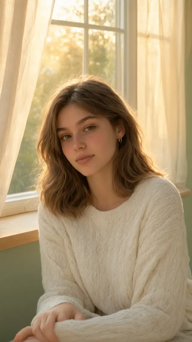 Golden hour close-up portrait of a young woman by a window, warm rim light on her hair, soft skin texture, shallow depth of field, 85mm photograph