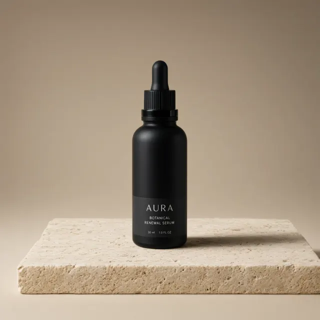 Minimal product photo of a matte black skincare serum bottle on a travertine stone slab, soft studio light, warm beige background, subtle shadow, commercial e-commerce shot