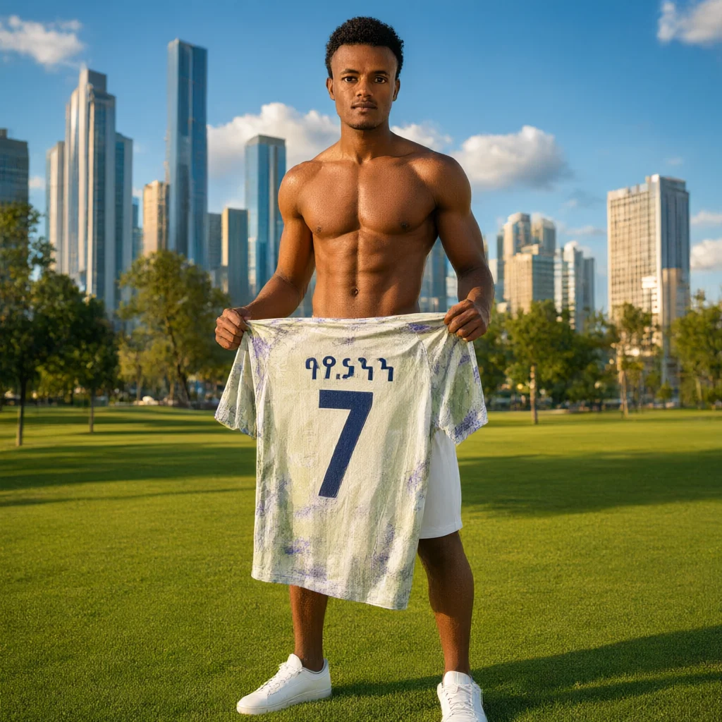 Shirtless man holding soccer jersey 7 city background