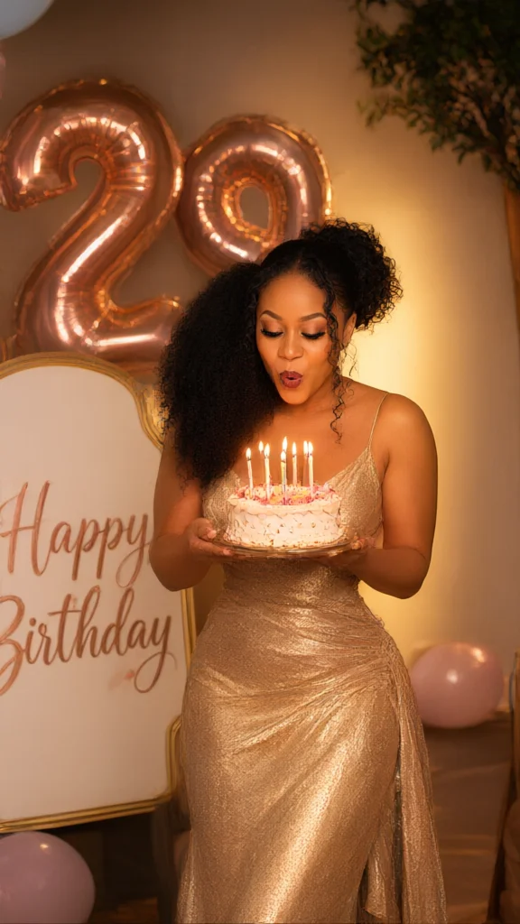 Woman in gold dress blowing out birthday cake candles with