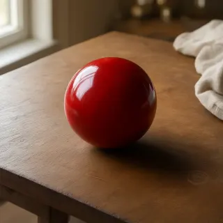 Glossy red sphere resting on a wooden table near a window