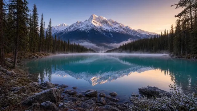 Snow-capped mountain lake at sunrise, perfect mirror reflection, drifting mist over turquoise water, pine forest shoreline, ultra wide landscape photograph