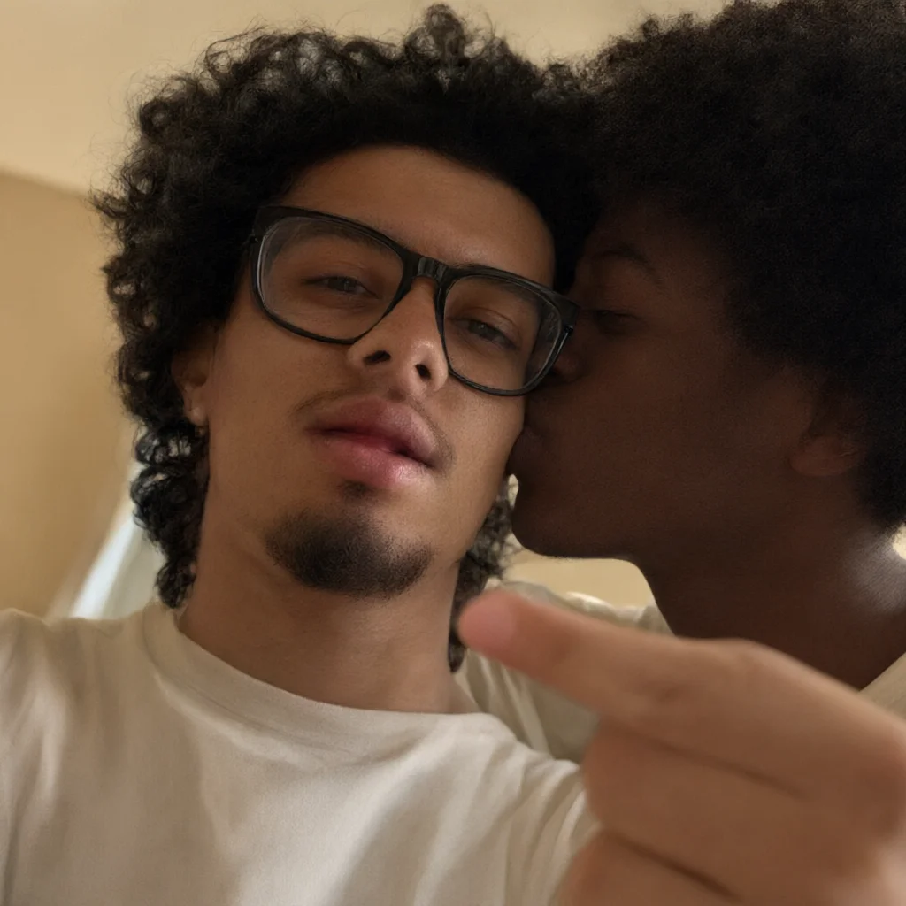 Selfie of man with glasses receiving a cheek kiss