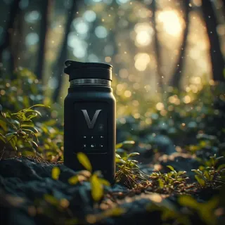 Black water bottle with V logo sitting on forest floor