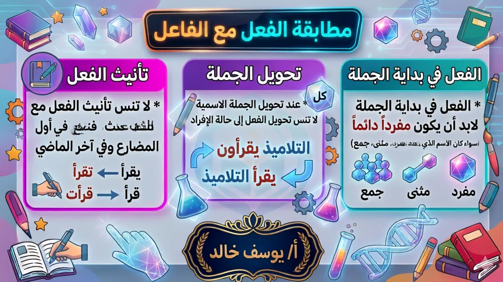Arabic grammar infographic explaining verb conjugation and