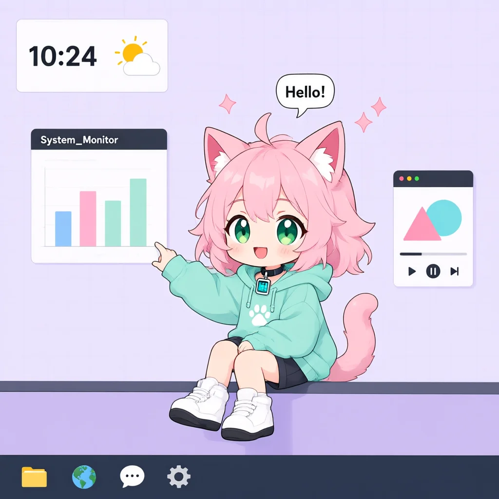 Cute pink cat girl character sitting on a desktop interface
