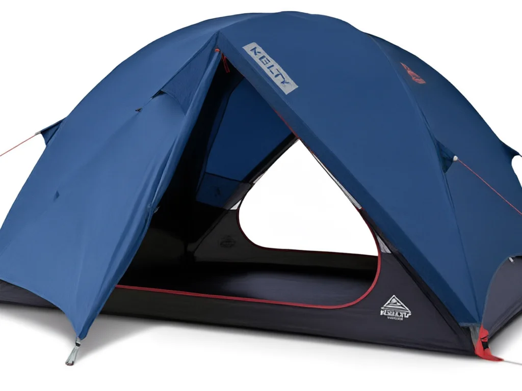 Blue Kelty tent with open door showing dark interior and