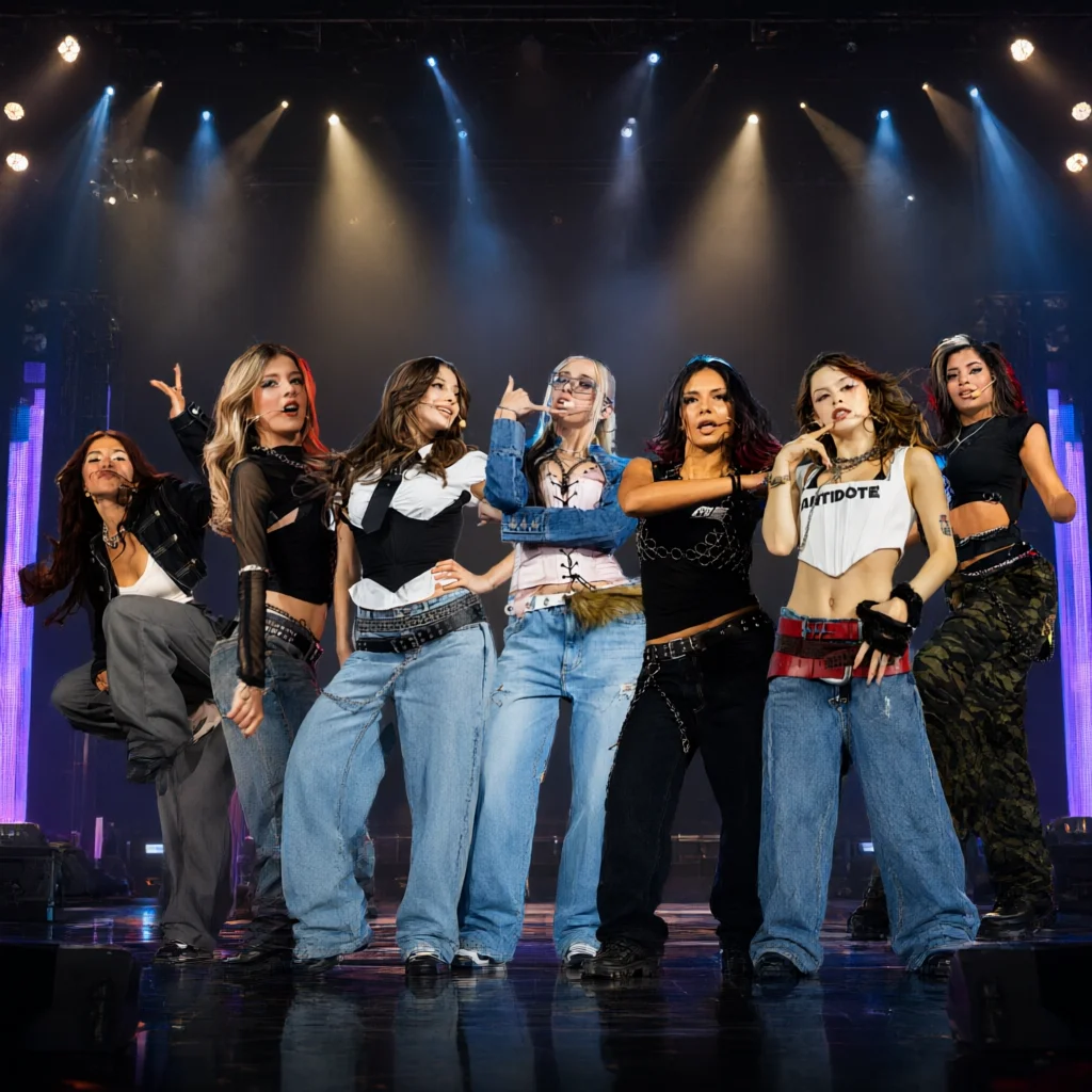 Seven women in baggy jeans posing in a row on a lit stage.