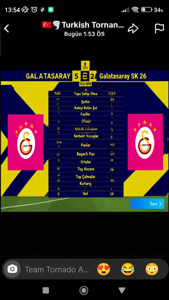 Galatasaray match stats screen with identical stats and 5