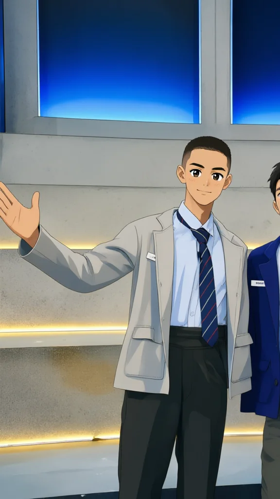 Pria berjas abu-abu melambaikan tangan dengan gaya anime di