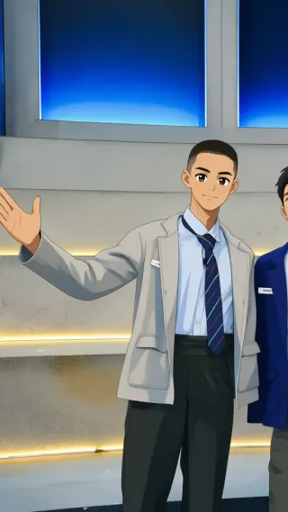 Pria berjas abu-abu melambaikan tangan dengan gaya anime di