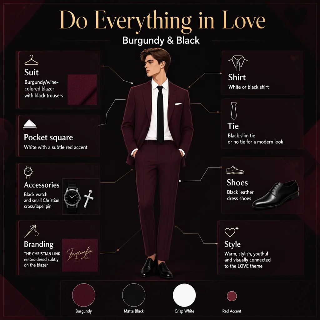 Men's burgundy and black suit style guide featuring