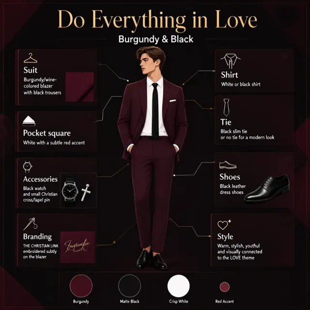 ❤️ Burgundy & Black — “Do Everything in Love”
Suit: Burgundy/wine-colored blazer with black trousers.
Shirt: White or black shirt.
Tie: Black slim tie, or no tie for a modern look.
Pocket square: White with a subtle red accent.
Shoes: Black leather dress shoes.
Accessories: Black watch and small Christian cross/lapel pin.
Branding: “THE CHRISTIAN LINK” embroidered subtly on the blazer.
Style: Warm, stylish, youthful, and visually connected to the LOVE theme.