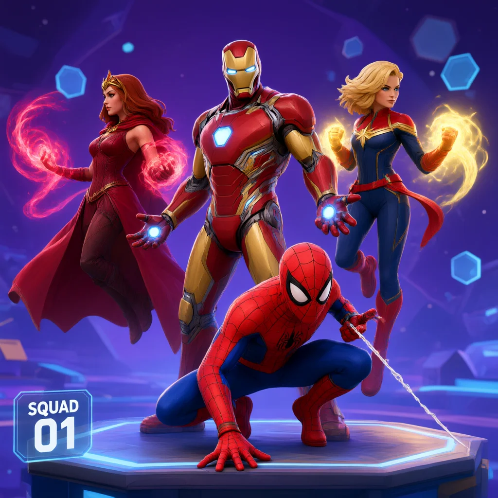 Four Marvel heroes including Iron Man and Spider-Man