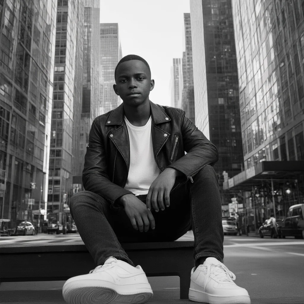 A young man wearing a leather jacket and white sneakers sits on a bench in a city street filled with tall buildings.