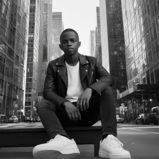 Young man in leather jacket sitting on a bench surrounded