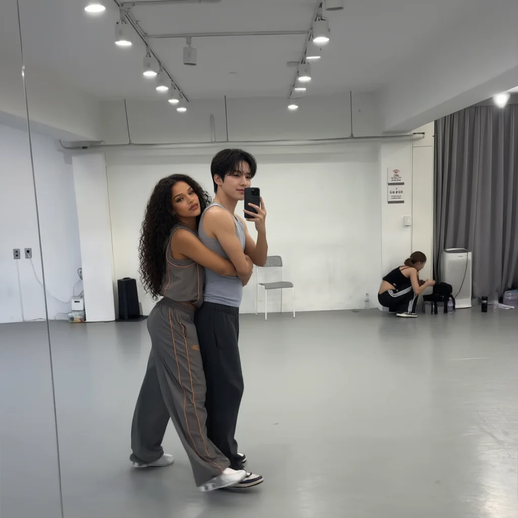 Couple taking a mirror selfie in a dance studio with