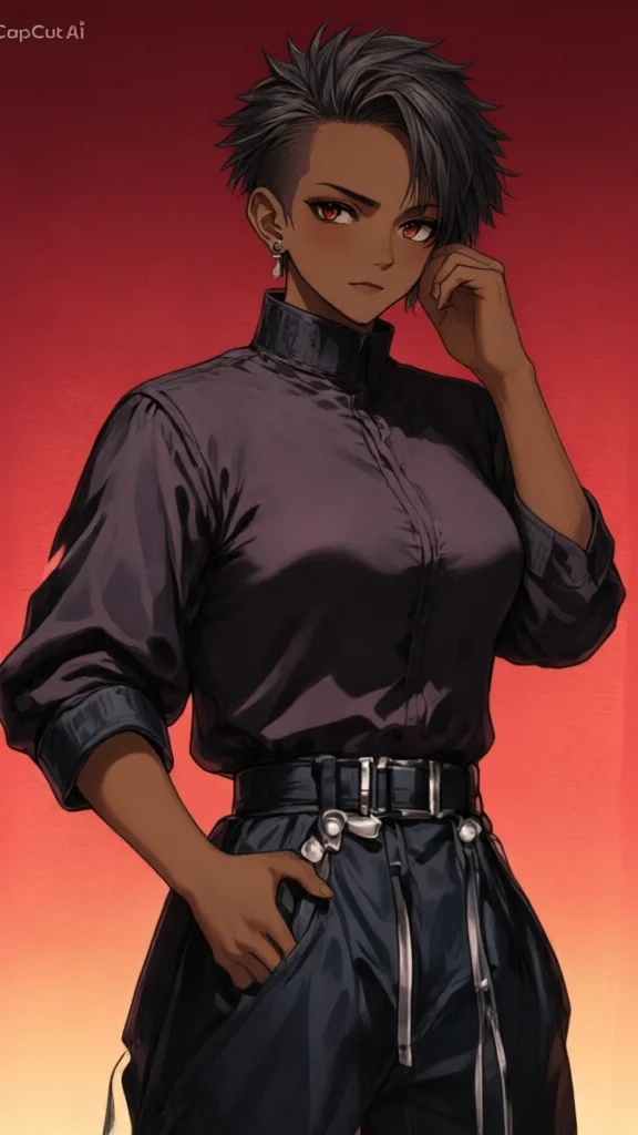 Anime character with dark skin and short grey hair wearing