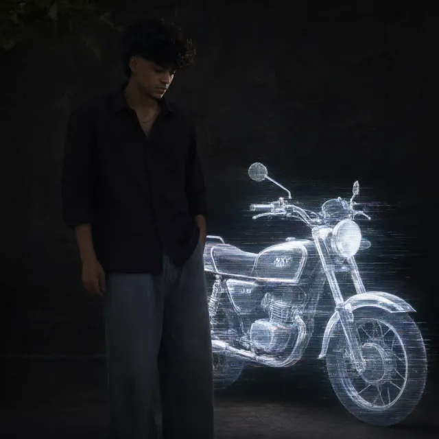 cinematic, moody double exposure photograph. On the left stands a young man with curly hair in a dark button-up shirt and wide-leg trousers, looking down somberly in dim lighting. On the right, a glowing, translucent hologram silhouette of a my bike rx 100 standing beside him. The bike silhouette is filled with bright white light and overlaid with a distinct horizontal scanline/glitch texture effect. Melancholic atmosphere, high contrast, dark ambient background,
realistic textures. ar