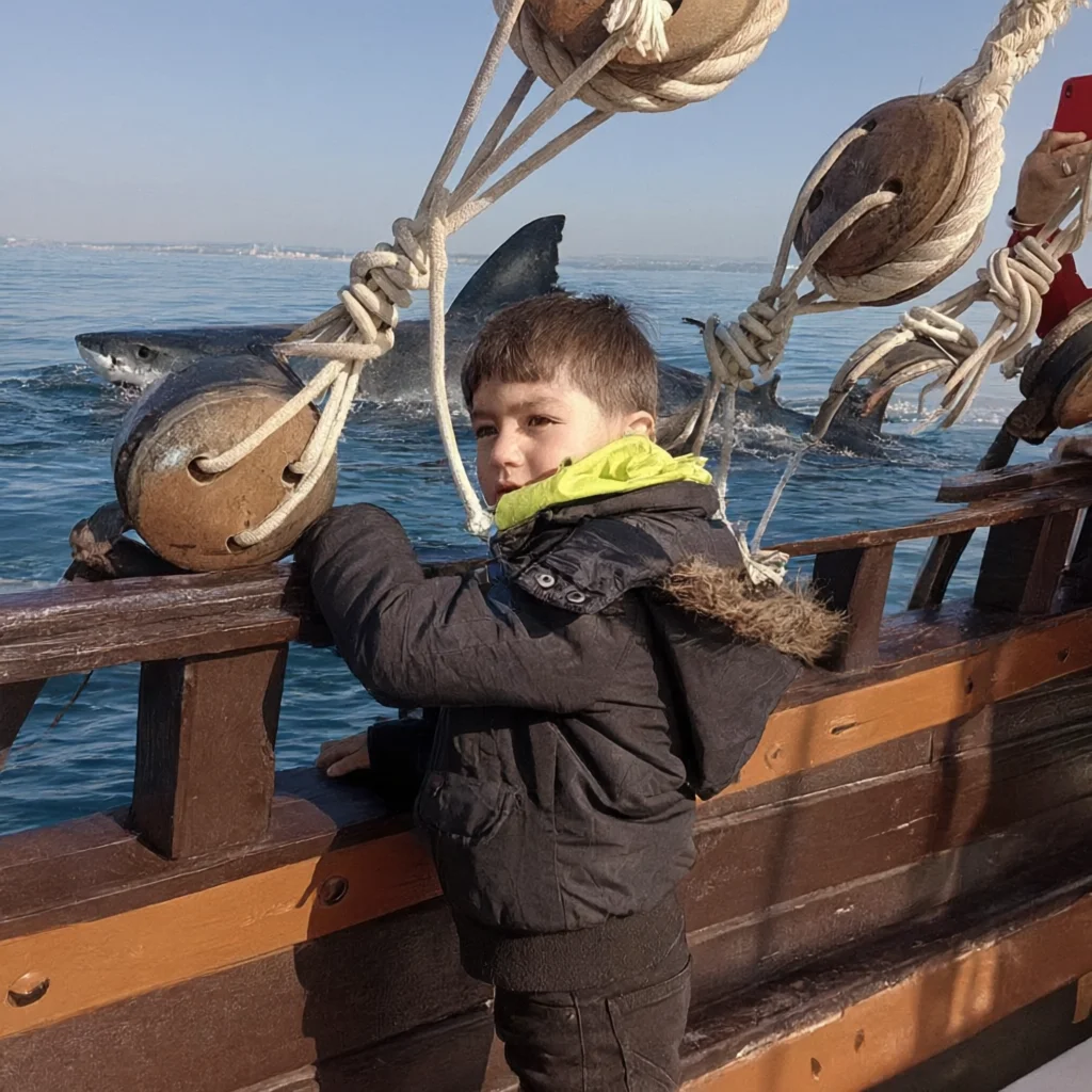Boy on wooden boat with giant shark swimming in background
