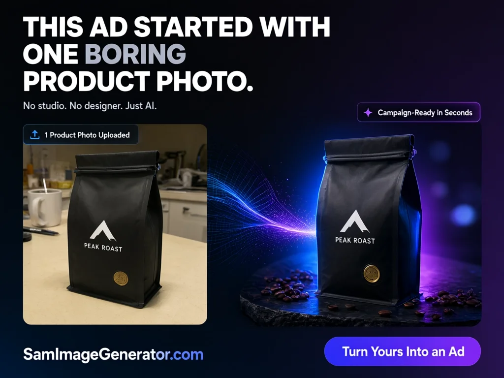 Comparison of a plain coffee bag photo versus a dramatic AI
