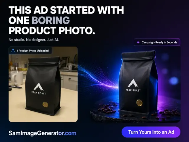 Create a bold, scroll-stopping LinkedIn advertisement for **SamImageGenerator.com** using the uploaded product photo as the primary reference.
Build the entire creative around a dramatic transformation. Show a deliberately plain, unpolished product photo on the left and a premium, campaign-ready version of the exact same product on the right. Connect both sides with a dynamic transformation effect that visually communicates “ordinary photo in, professional ad out.”
Preserve the product’s exact identity, design, shape, proportions, colors, materials, textures, packaging, labels, logos, and distinctive details. Do not redesign, recolor, deform, rebrand, or invent new product features.
Use this provocative headline as the main viral hook:
“THIS AD STARTED WITH ONE BORING PRODUCT PHOTO.”
Place the following line underneath:
“No studio. No designer. Just AI.”
Add a small visual upload card near the original image:
“1 Product Photo Uploaded”
Place a highlighted result badge near the professional version:
“Campaign-Ready in Seconds”
Add the brand name and website clearly:
“SamImageGenerator.com”
Include a bold call-to-action button:
“Turn Yours Into an Ad”
The “before” side should look intentionally ordinary but realistic: basic lighting, simple background, and casual smartphone-photo quality. The “after” side should feel like a premium international advertising campaign with cinematic studio lighting, realistic shadows, polished composition, sharp product details, and a high-end branded environment.
Use bold editorial typography, oversized headline treatment, strong contrast, generous negative space, subtle blue and electric-purple accents, and a modern AI startup aesthetic. The design should feel native to a viral LinkedIn post rather than a generic corporate banner.
Make the transformation obvious within one second. Create visual tension between the ordinary input and the premium output so viewers immediately want to compare both sides. Keep the layout clean enough to understand on mobile while making the result surprising enough to stop scrolling.
Target marketers, e-commerce founders, agency owners, social media managers, content creators, and small businesses that need professional visuals without expensive photoshoots or design teams.
Ensure every visible word is written exactly as provided, correctly spelled, sharp, and readable. Avoid clutter, excessive futuristic effects, fake product details, unrealistic reflections, distorted packaging, tiny text, and generic stock-photo styling.
Create the final image in a 4:5 vertical format at 1080 × 1350 pixels, optimized for the LinkedIn mobile feed, with high-end commercial quality and viral social-media appeal.