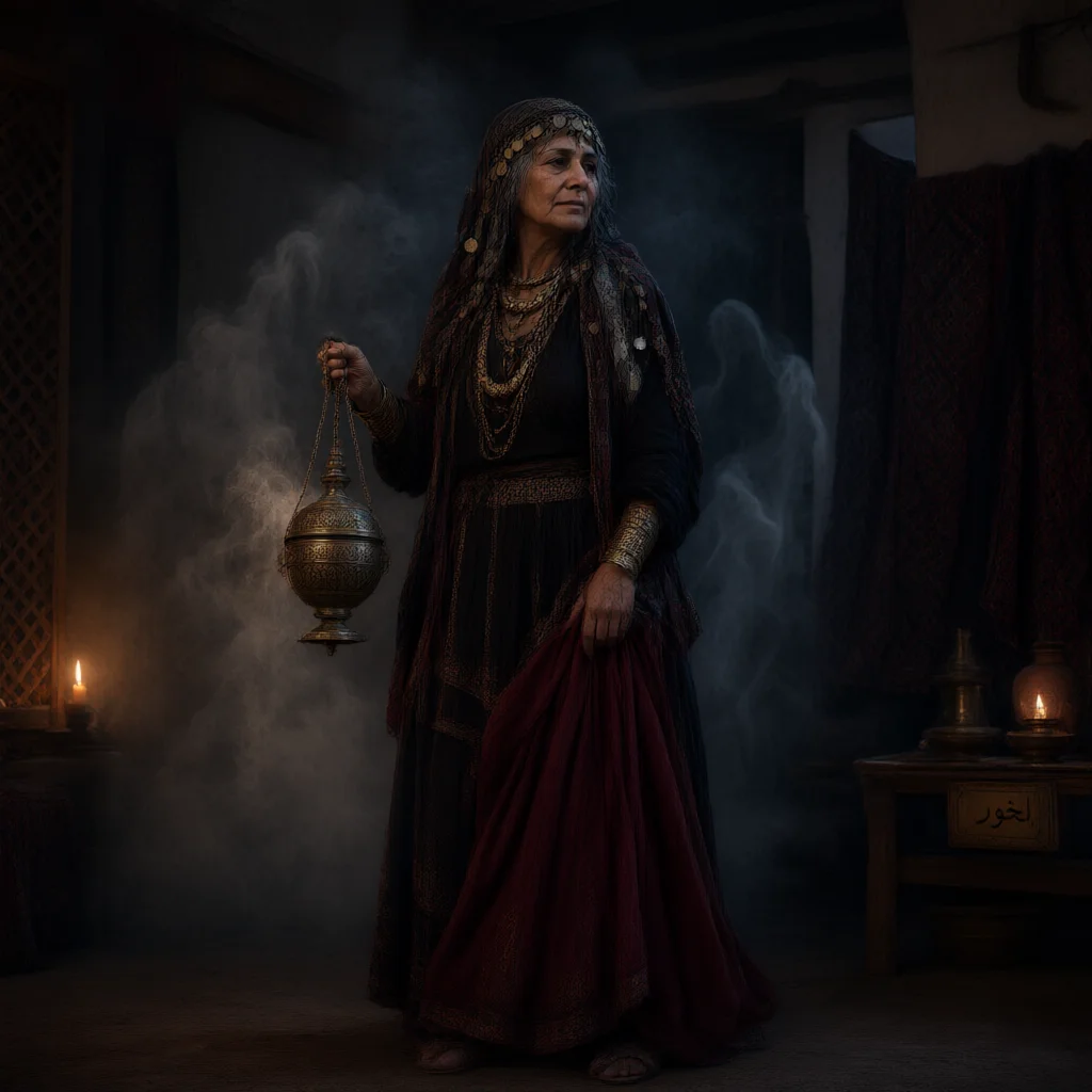 An older woman in layered gold jewelry and dark robes stands in smoke holding an ornate metal lantern.