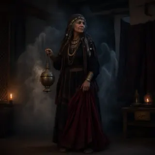 Traditional female ritual leader holding a smoking incense