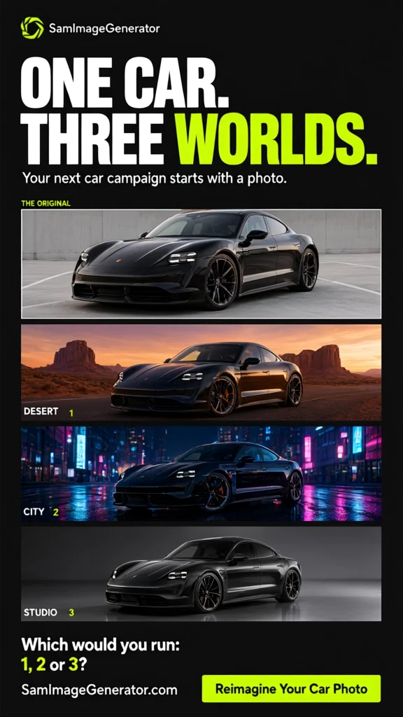 Black sports car shown in studio desert and city settings