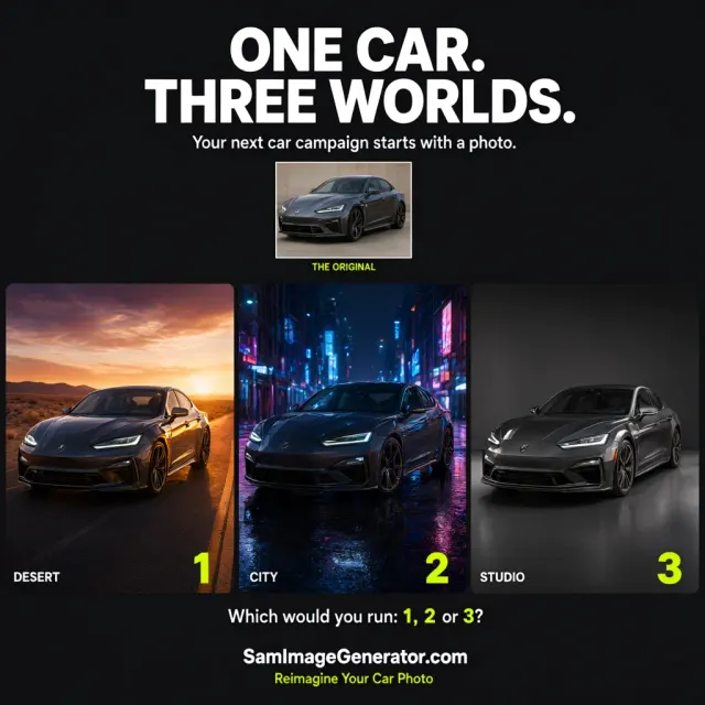 Create a striking LinkedIn advertisement for SamImageGenerator.com showing how AI can transform an ordinary car photo into a cinematic automotive campaign. Target car dealerships, rental companies, automotive marketers, and agency owners. All advertising text must be in English.
Use the uploaded car image as the primary reference. Preserve the exact make, model, body shape, paint color, wheels, headlights, grille, badges, windows, and proportions. Keep the original camera angle. Only transform the environment, lighting, and photographic treatment.
Build the concept around “one car, three worlds.” Place a small version of the original photo near the top, labelled “THE ORIGINAL”. Below it, create three adjoining cinematic panels featuring the same car at the same scale and angle, with matching alignment across the panels. Each panel reveals a different environment: a dramatic desert highway at sunset, a neon-lit city street after rain, and a minimalist luxury studio. Make the transitions feel like the viewer is swiping through three possible campaigns.
Use physically believable lighting in each setting: warm golden reflections in the desert, restrained neon reflections and wet pavement in the city, and precise softbox highlights in the studio. Keep the vehicle clearly recognizable and commercially accurate across all three scenes. The transformation should come from the photography and surroundings.
Place this headline at the top in large, bold editorial typography:
“ONE CAR. THREE WORLDS.”
Add this supporting line:
“Your next car campaign starts with a photo.”
Label the three scenes with small, readable text:
“DESERT”
“CITY”
“STUDIO”
Near the bottom, add an engagement question:
“Which would you run: 1, 2 or 3?”
Finish with a clear brand signature and call to action:
“SamImageGenerator.com”
“Reimagine Your Car Photo”
Use a premium automotive magazine aesthetic with a charcoal background, white typography, restrained electric-lime accents, and generous spacing. Prioritize the car imagery and headline; keep secondary text compact and readable on mobile. Make the visual feel intriguing enough to invite viewers to compare the three settings and choose their favorite.
Do not add pricing, discounts, performance claims, invented testimonials, extra vehicle accessories, or manufacturer endorsement. Avoid distorted wheels, altered badges, inconsistent bodywork, excessive lens flares, and illegible text. Render all supplied advertising copy exactly.
Output one cohesive 4:5 vertical advertisement, targeting 1080 × 1350 pixels, with photorealistic automotive detail and crisp typography.