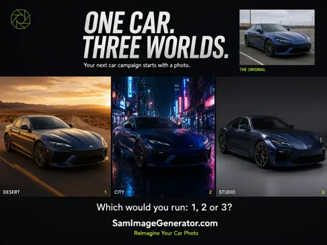 Create a striking LinkedIn advertisement for SamImageGenerator.com showing how AI can transform an ordinary car photo into a cinematic automotive campaign. Target car dealerships, rental companies, automotive marketers, and agency owners. All advertising text must be in English.
Use the uploaded car image as the primary reference. Preserve the exact make, model, body shape, paint color, wheels, headlights, grille, badges, windows, and proportions. Keep the original camera angle. Only transform the environment, lighting, and photographic treatment.
Build the concept around “one car, three worlds.” Place a small version of the original photo near the top, labelled “THE ORIGINAL”. Below it, create three adjoining cinematic panels featuring the same car at the same scale and angle, with matching alignment across the panels. Each panel reveals a different environment: a dramatic desert highway at sunset, a neon-lit city street after rain, and a minimalist luxury studio. Make the transitions feel like the viewer is swiping through three possible campaigns.
Use physically believable lighting in each setting: warm golden reflections in the desert, restrained neon reflections and wet pavement in the city, and precise softbox highlights in the studio. Keep the vehicle clearly recognizable and commercially accurate across all three scenes. The transformation should come from the photography and surroundings.
Place this headline at the top in large, bold editorial typography:
“ONE CAR. THREE WORLDS.”
Add this supporting line:
“Your next car campaign starts with a photo.”
Label the three scenes with small, readable text:
“DESERT”
“CITY”
“STUDIO”
Near the bottom, add an engagement question:
“Which would you run: 1, 2 or 3?”
Finish with a clear brand signature and call to action:
“SamImageGenerator.com”
“Reimagine Your Car Photo”
Use a premium automotive magazine aesthetic with a charcoal background, white typography, restrained electric-lime accents, and generous spacing. Prioritize the car imagery and headline; keep secondary text compact and readable on mobile. Make the visual feel intriguing enough to invite viewers to compare the three settings and choose their favorite.
Do not add pricing, discounts, performance claims, invented testimonials, extra vehicle accessories, or manufacturer endorsement. Avoid distorted wheels, altered badges, inconsistent bodywork, excessive lens flares, and illegible text. Render all supplied advertising copy exactly.
Output one cohesive 4:5 vertical advertisement, targeting 1080 × 1350 pixels, with photorealistic automotive detail and crisp typography.