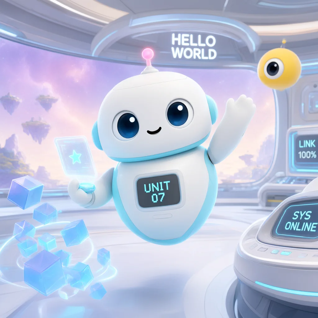 Cute white robot waving in a futuristic room with floating
