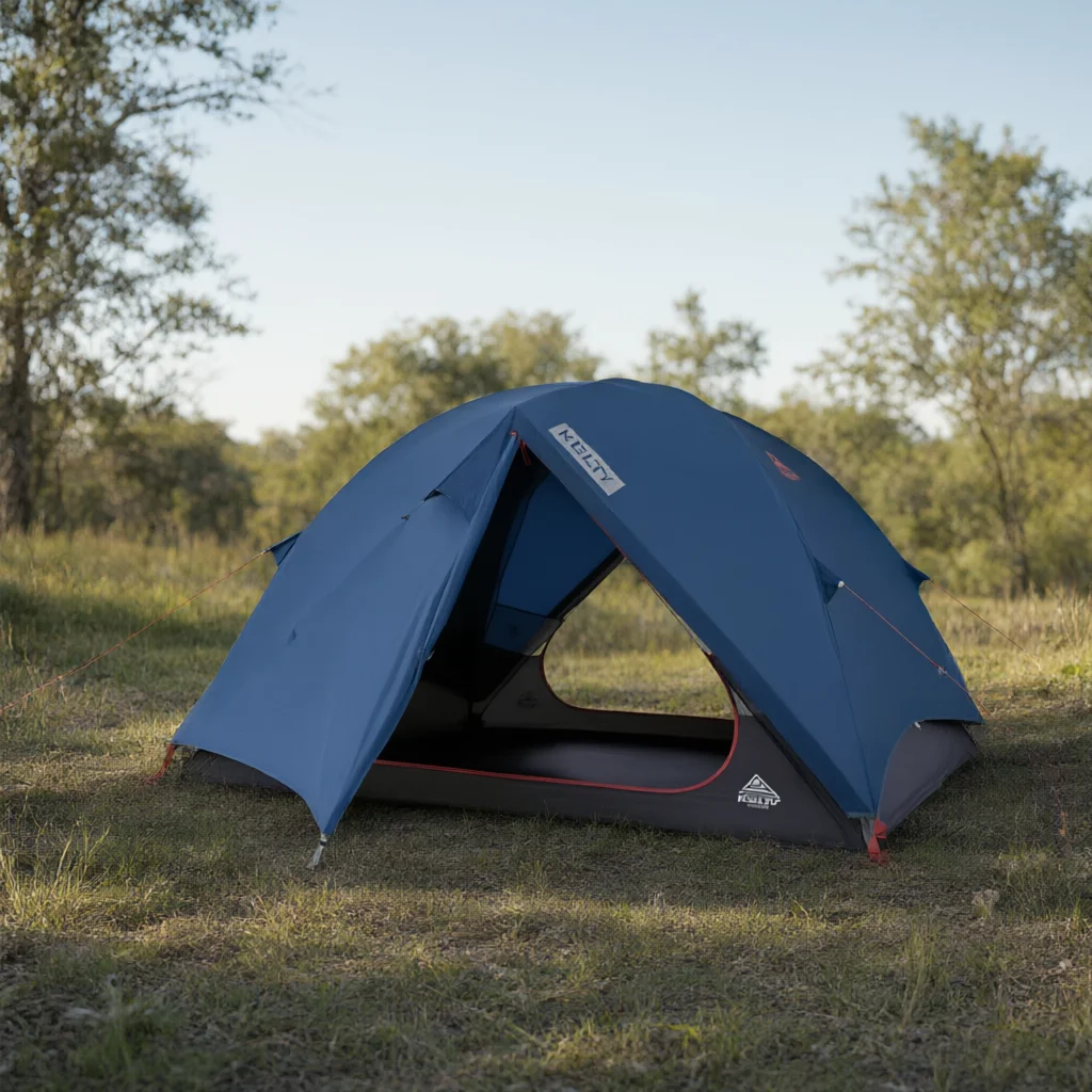 Blue Decathlon tent pitched in a grassy field with trees