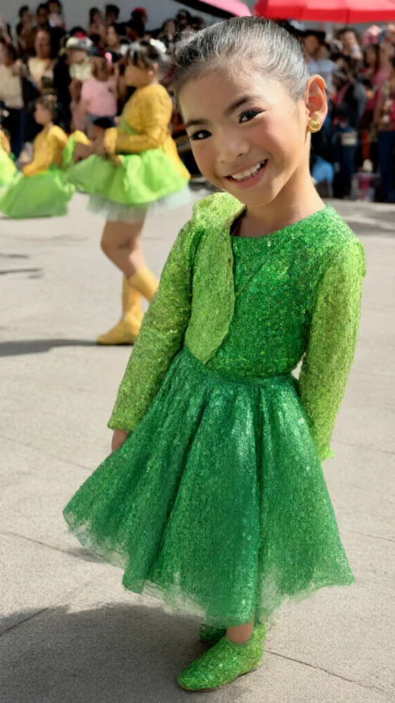 Young girl smiling in a sparkling green dress at an outdoor