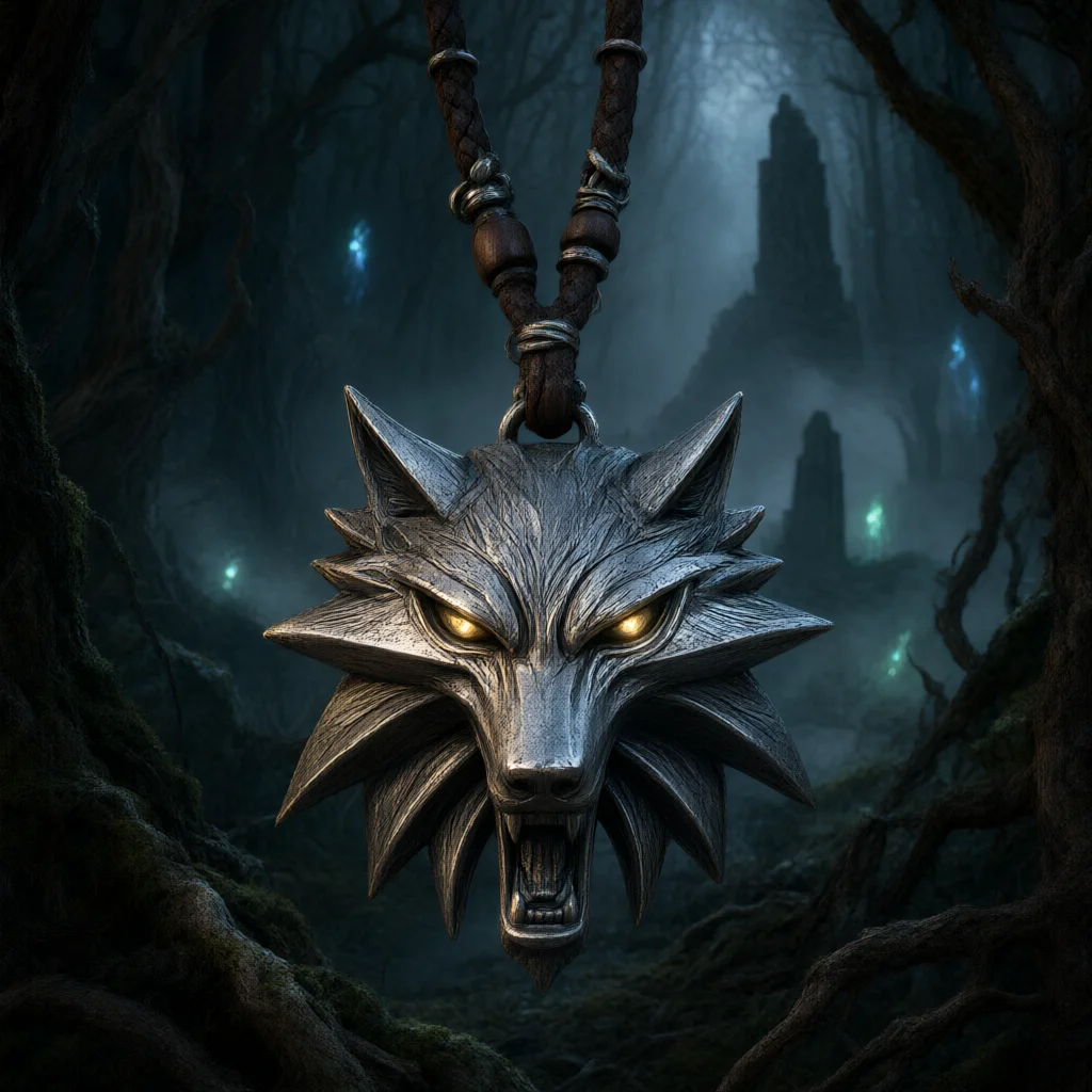 Metal wolf pendant with glowing eyes in a dark misty forest
