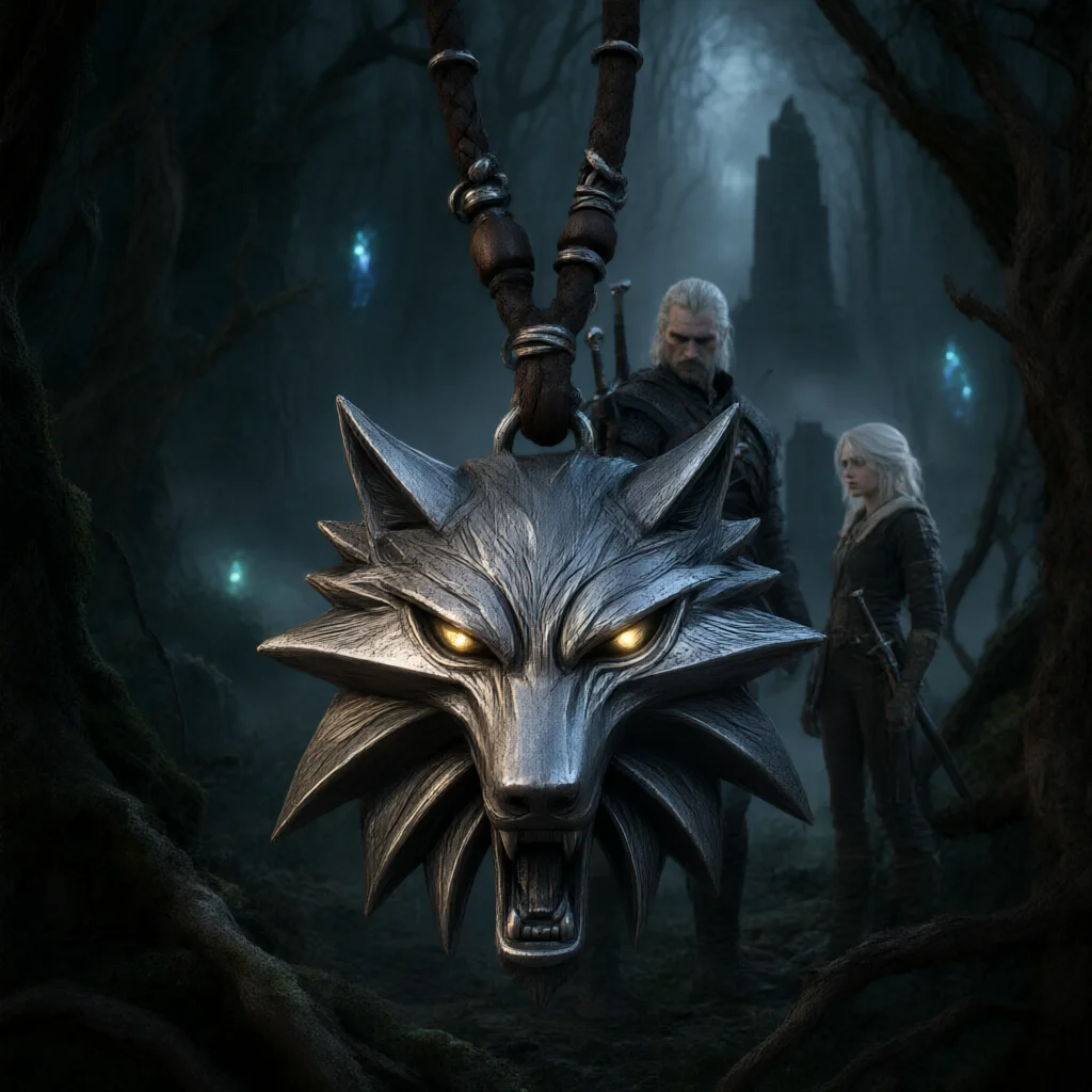Giant silver wolf medallion hanging in a dark forest with