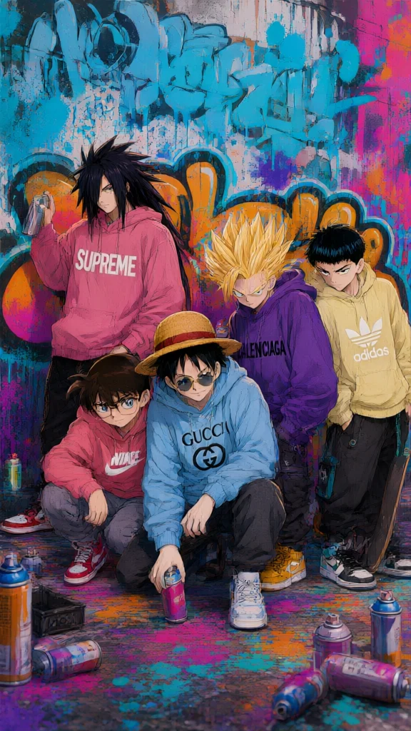 Anime characters in branded hoodies posing with spray paint