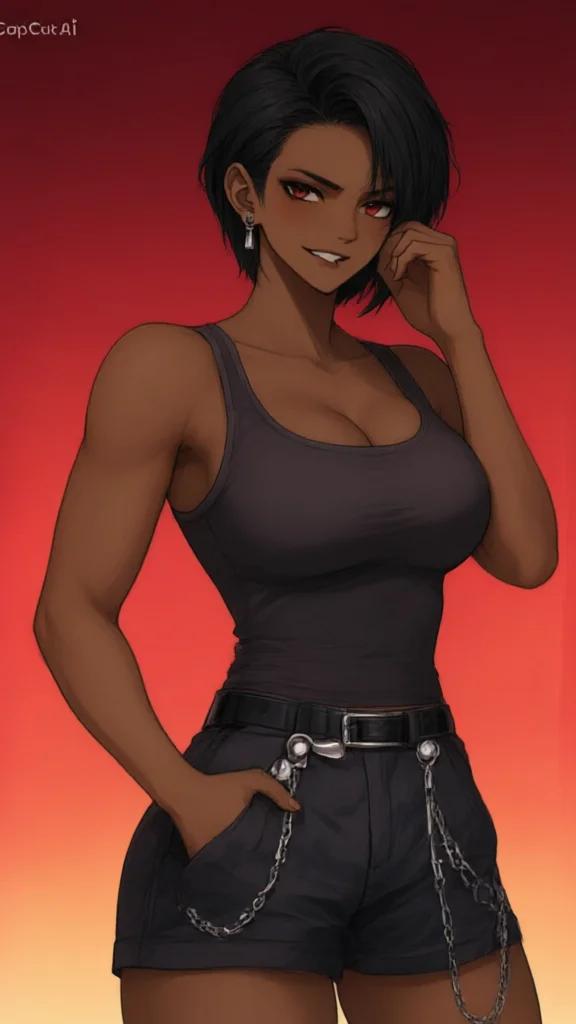 Dark skinned woman with short black hair and red eyes