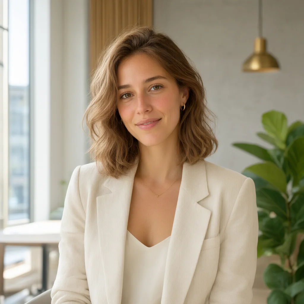 Woman in white blazer posing for professional headshot with