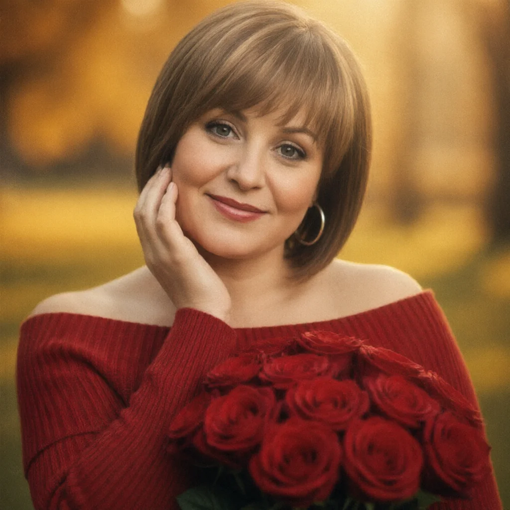 Woman in red sweater holding a bouquet of red roses with